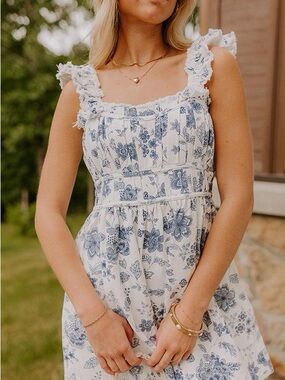 PINK LILY White Blue Floral Cotton Denim Dress French Country Cottagecore Large